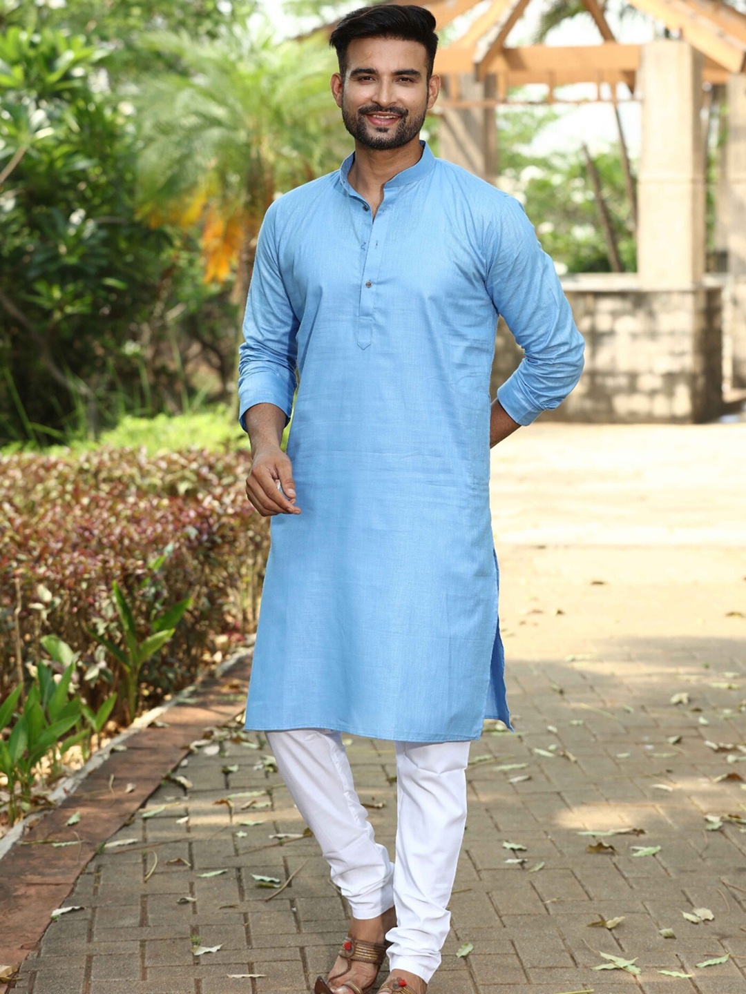 

Authentics Mandarin Collar Pure Cotton Kurta with Churidar, Blue