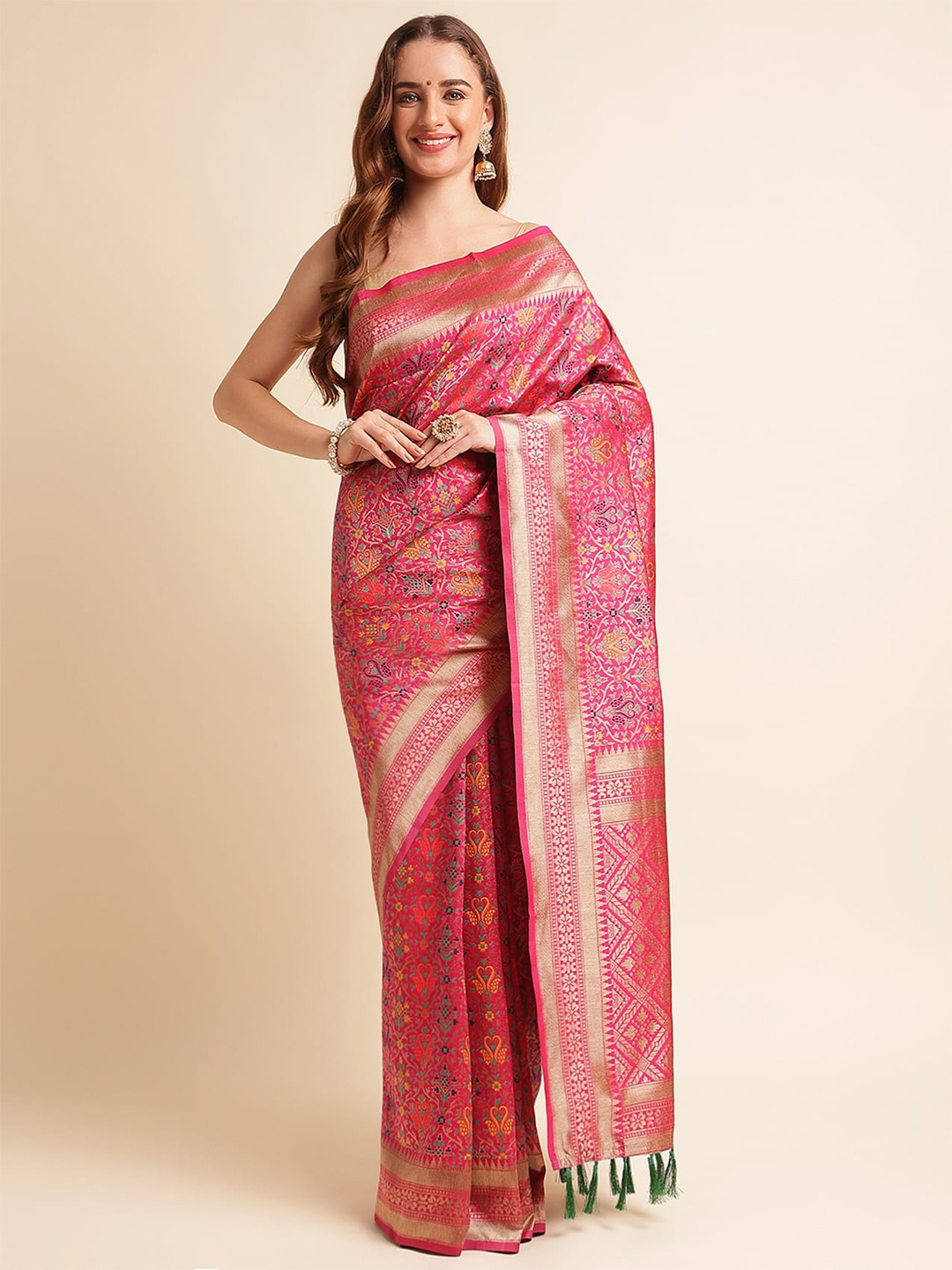 

RAJ DHARMA SILK Floral Woven Design Zari Silk Blend Patola Saree, Pink