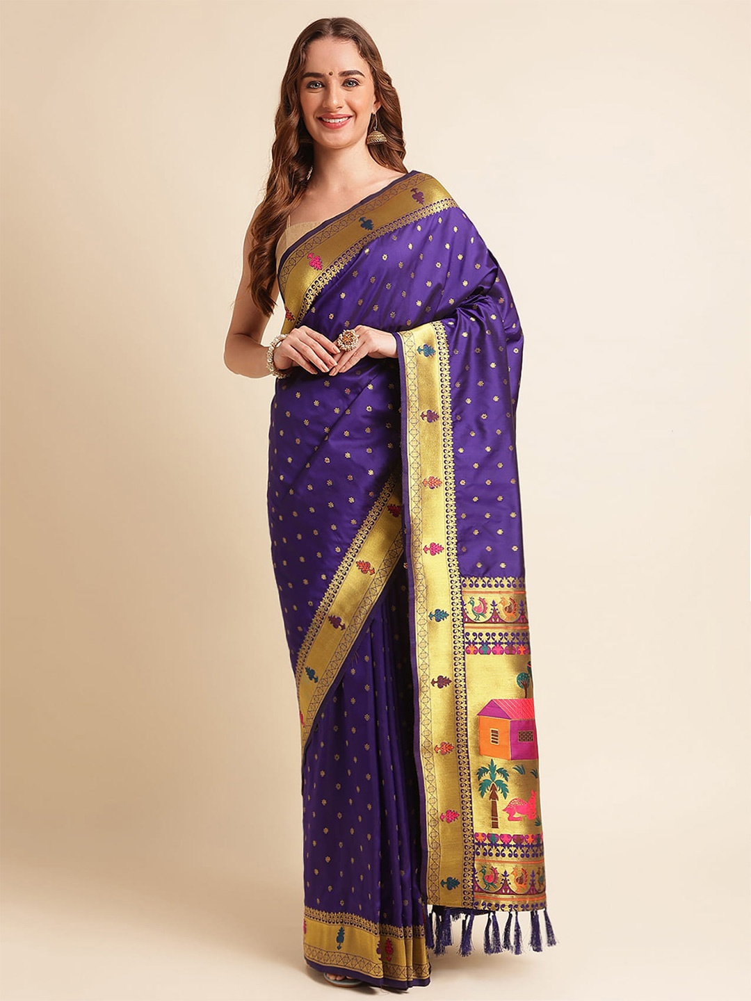 

RAJ DHARMA SILK Floral Woven Design Zari Silk Blend Paithani Saree, Blue