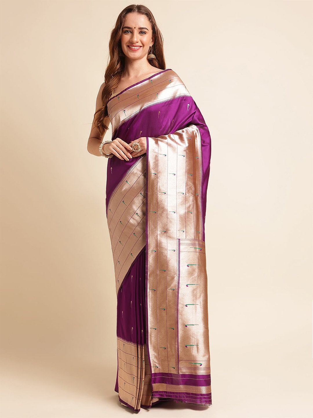 

RAJ DHARMA SILK Floral Woven Design Zari Silk Blend Paithani Saree, Purple