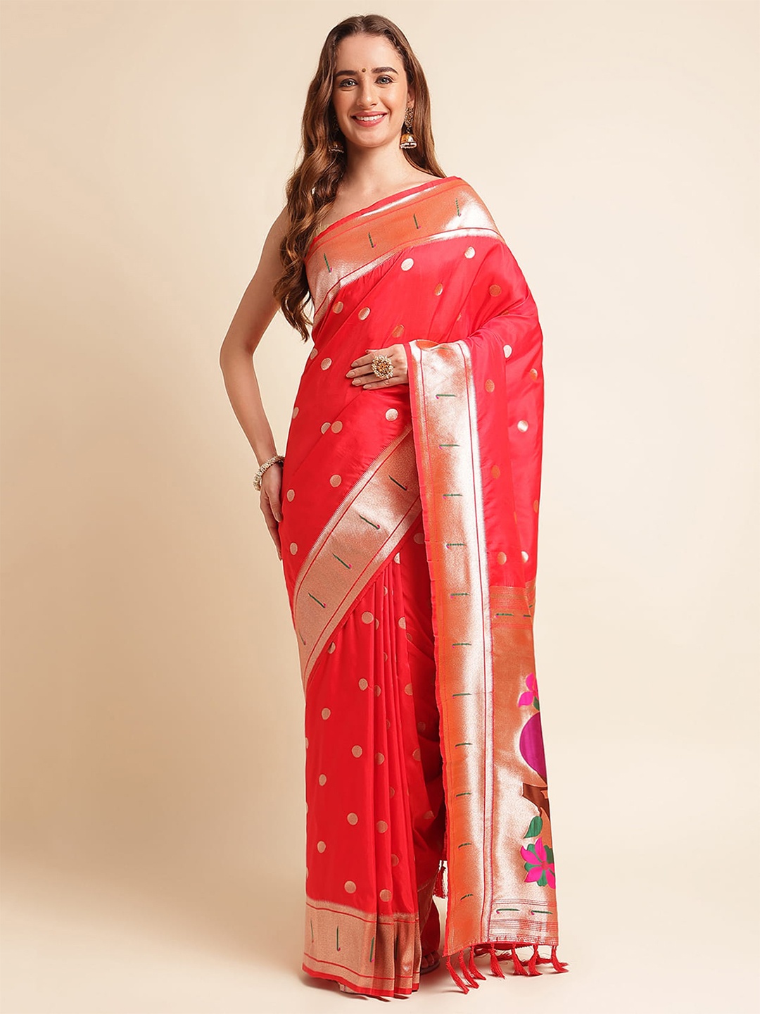 

RAJ DHARMA SILK Floral Woven Design Zari Silk Blend Paithani Saree, Red