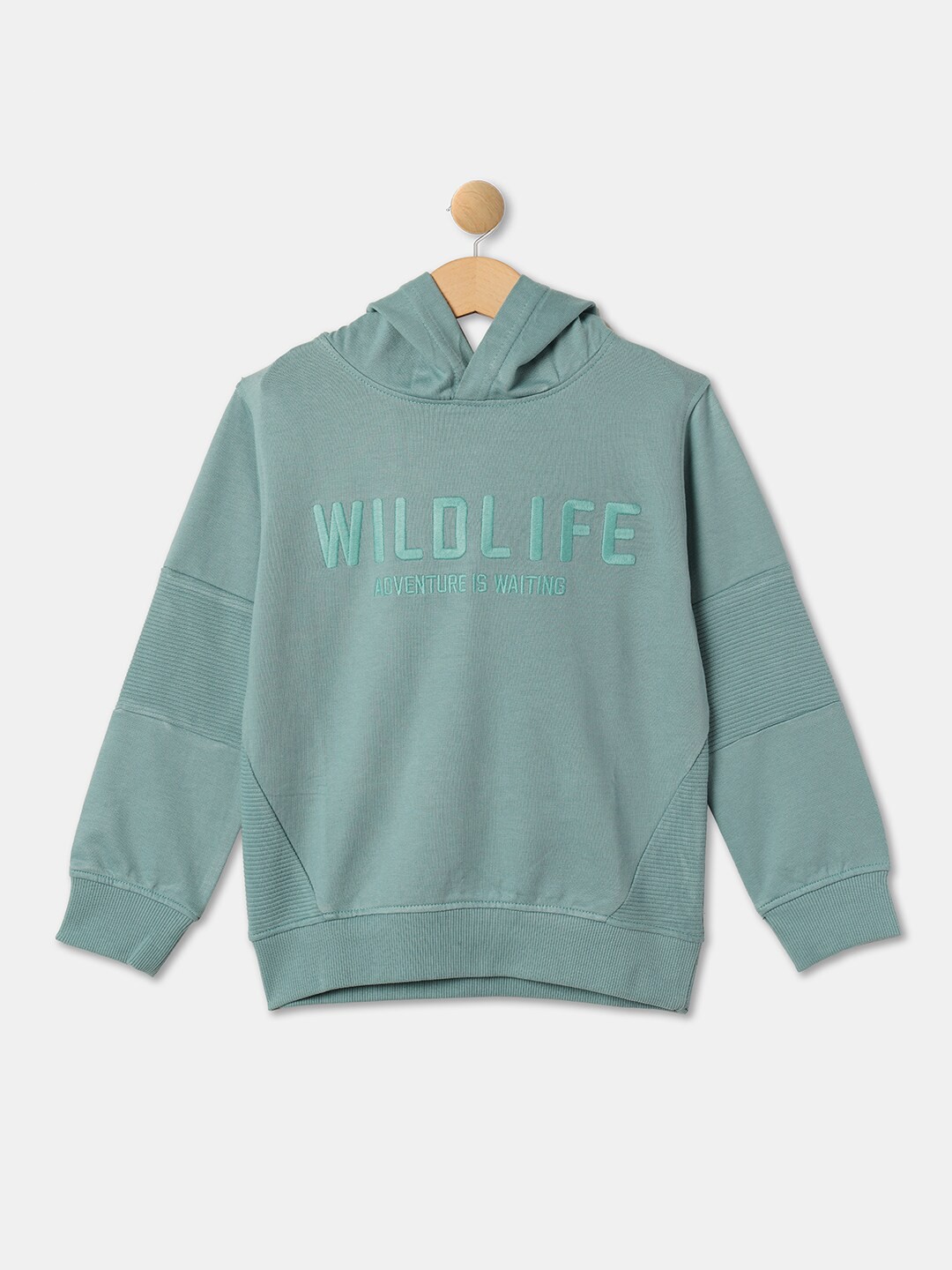 

R&B Boys Typography Embroidered Hooded Cotton Pullover, Green