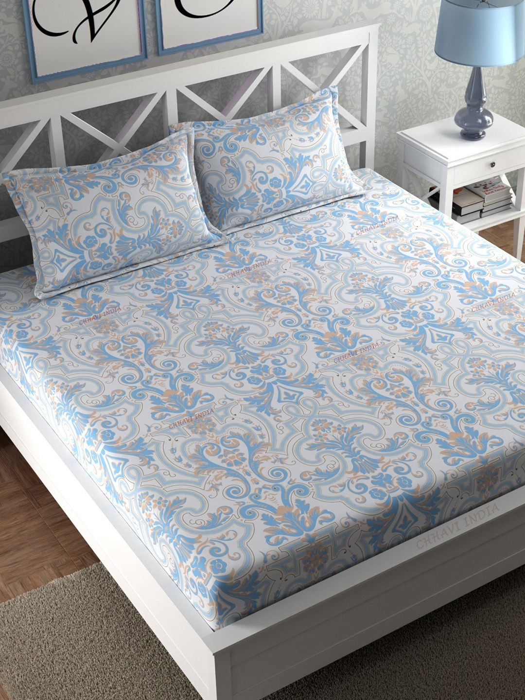 

CHHAVI INDIA Blue & White Ethnic Motifs 210 TC King Bedsheet with 2 Pillow Covers
