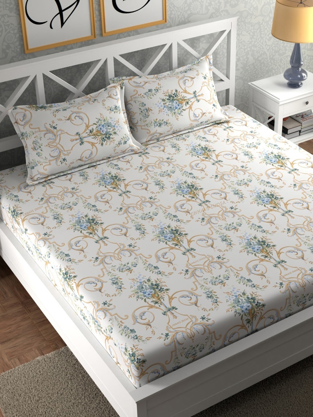 

CHHAVI INDIA White & Beige Ethnic Motifs 210 TC King Bedsheet with 2 Pillow Covers