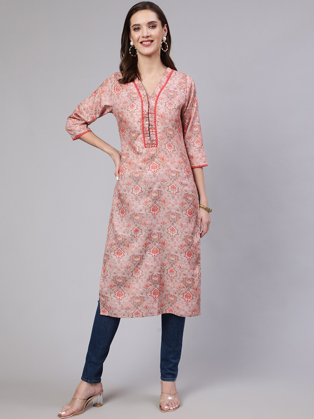 

Jaipur Kurti Ethnic Motifs Printed V-Neck Straight Kurta, Peach