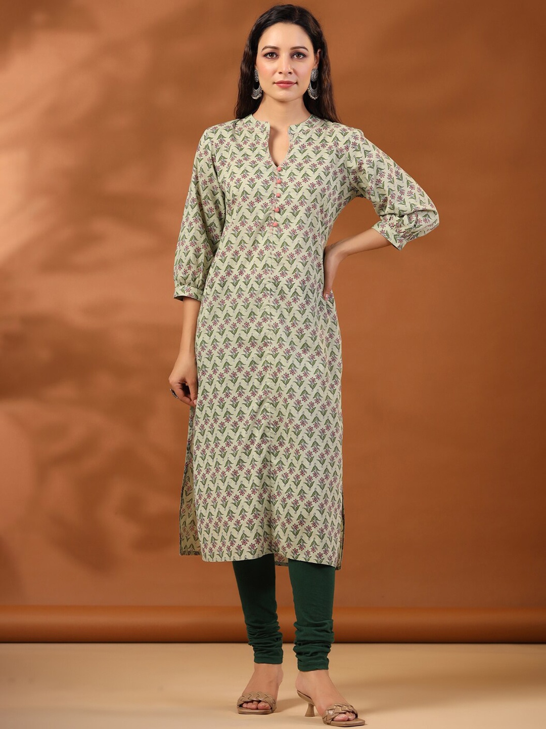 

Jaipur Kurti Ethnic Mughal Buti Printed Straight Kurta, Green