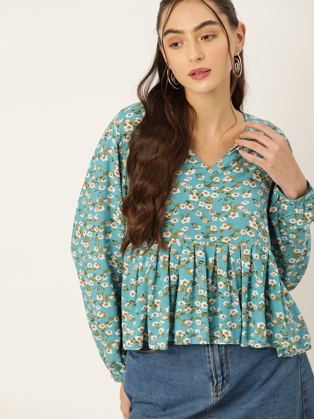 

DressBerry Floral Print Puff Sleeve Peplum Top, Blue