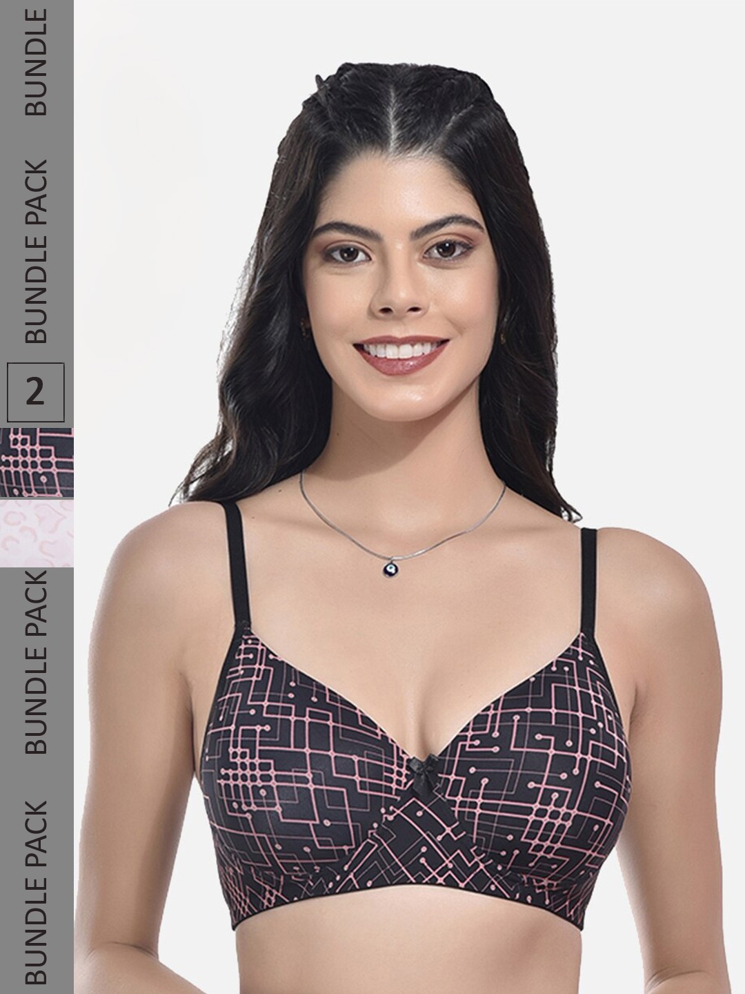 

StyFun Pack Of 2 Geometric Printed Full Coverage All Day Comfort Cotton T-Shirt Bra, Black