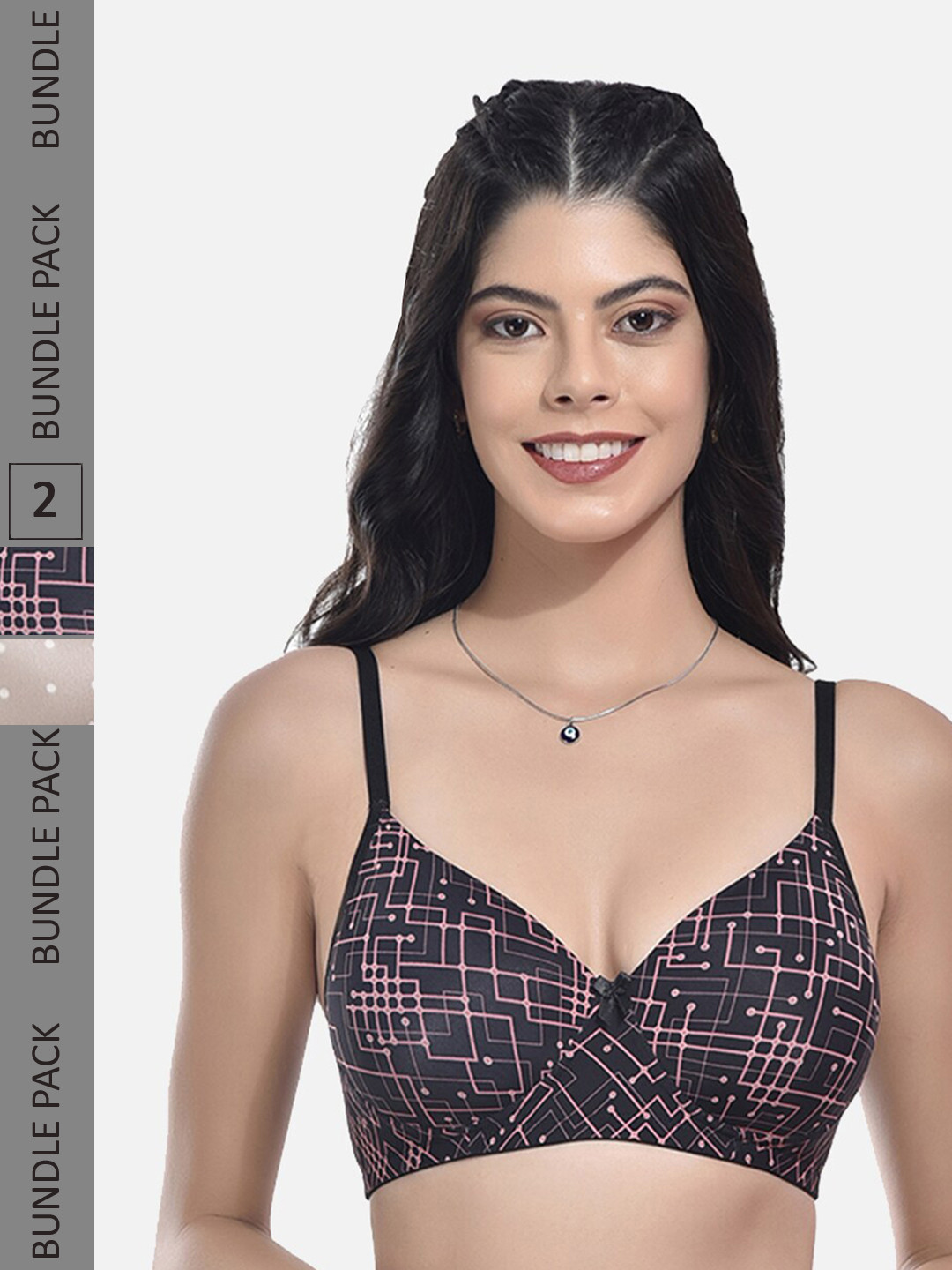 

StyFun Pack Of 2 Polka Dot Full Coverage All Day Comfort Super Support Cotton T-Shirt Bra, Black