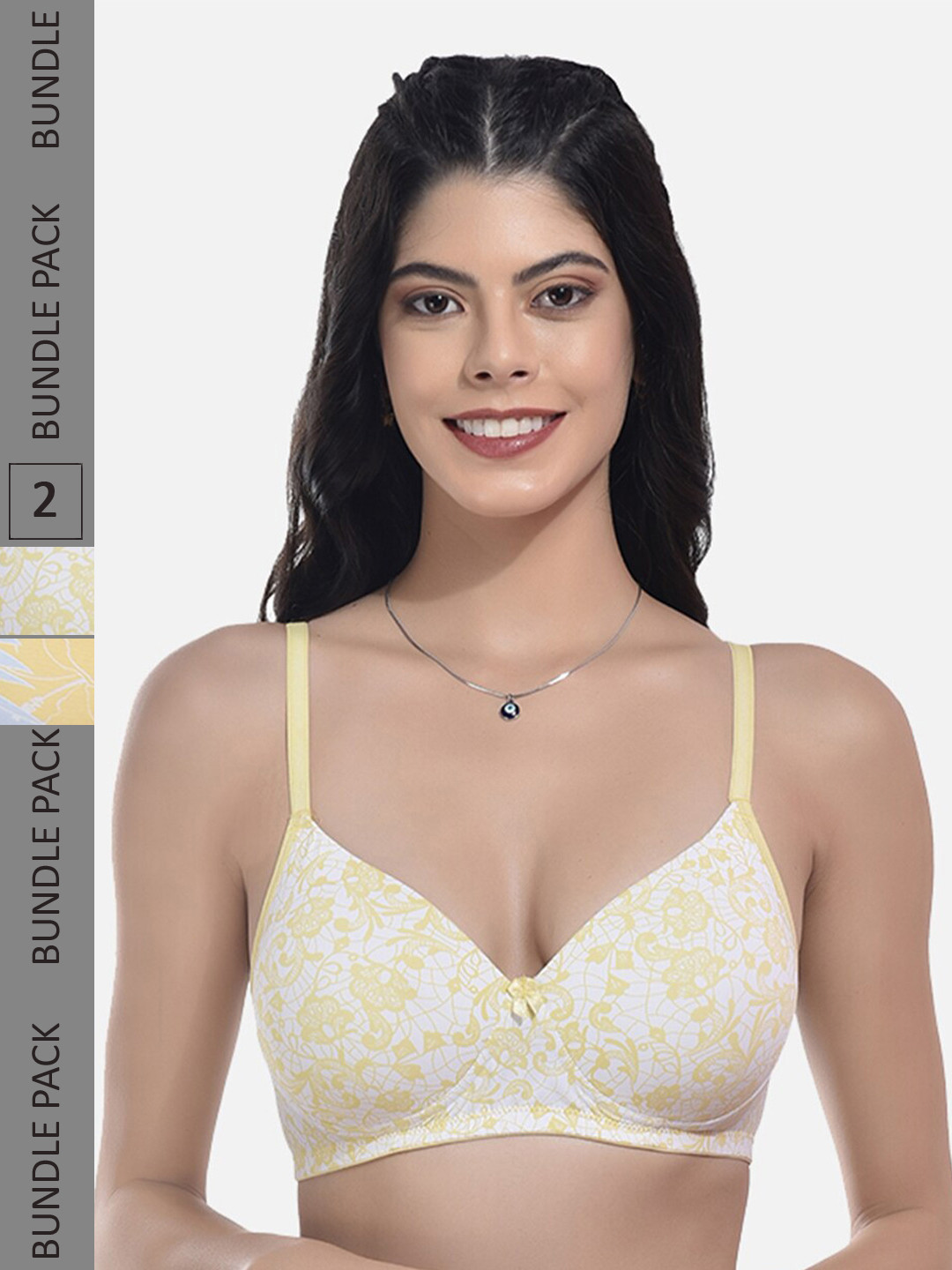 

StyFun Pack Of 2 Floral Printed Full Coverage All Day Comfort Cotton T-Shirt Bra, Yellow
