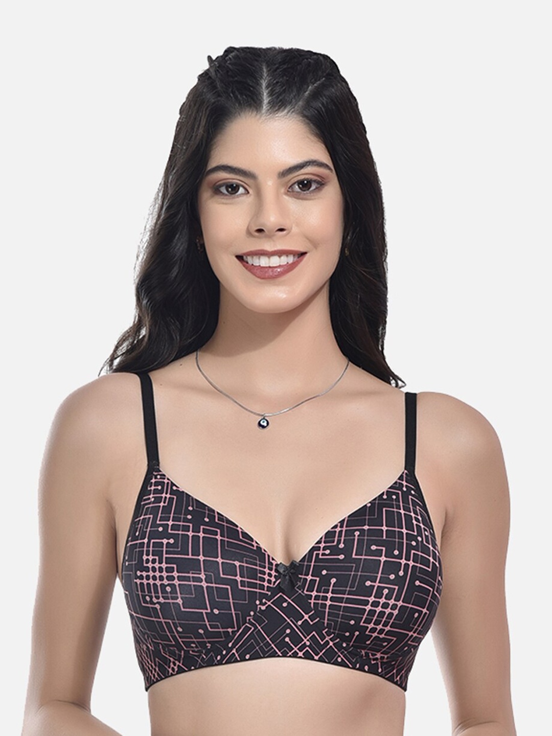 

StyFun Geometric Printed Full Coverage All Day Comfort Super Support Cotton T-Shirt Bra, Black