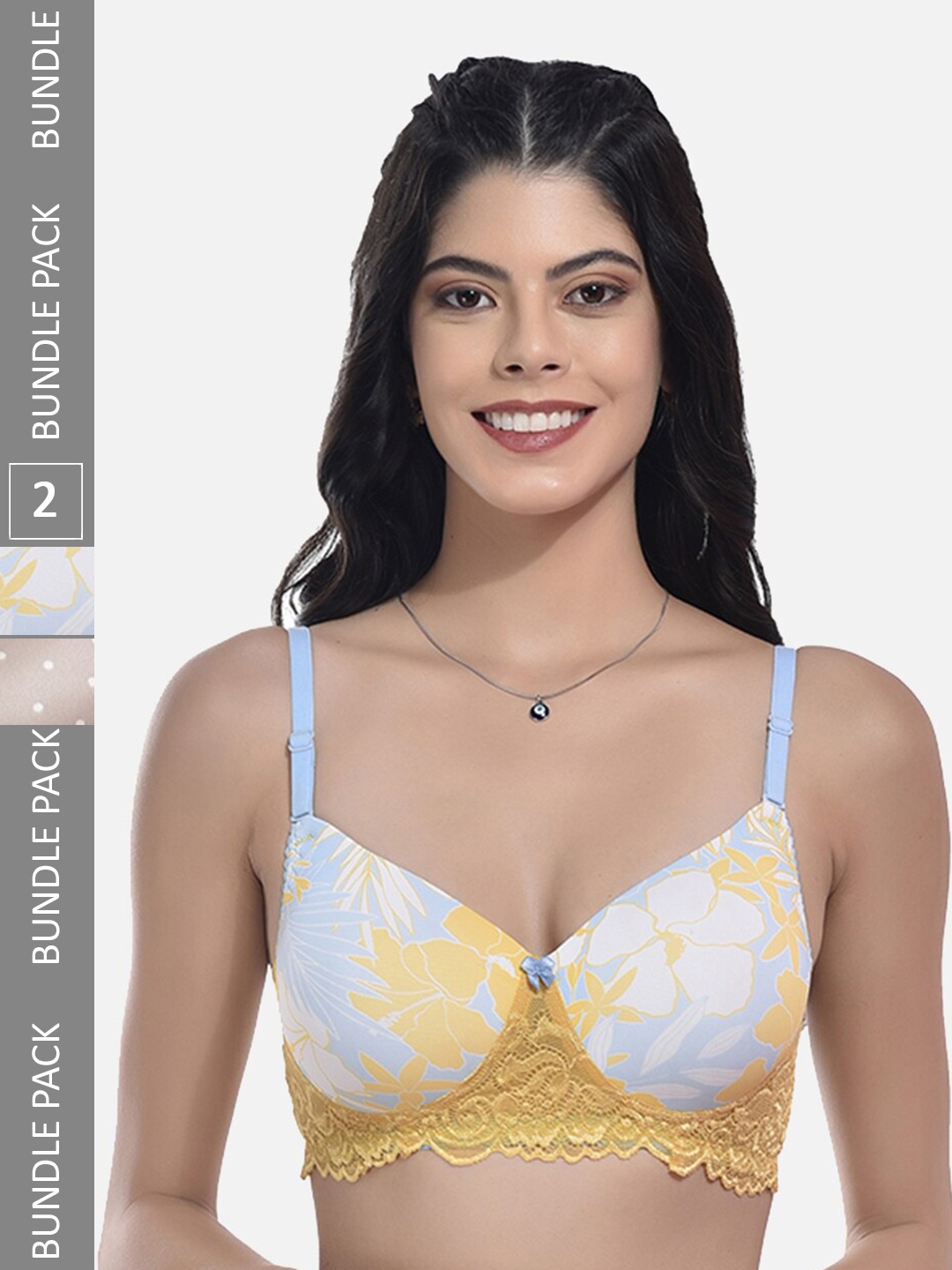 

StyFun Pack OF 2 Floral Printed Full Coverage All Day Comfort Cotton T-Shirt Bra, Yellow