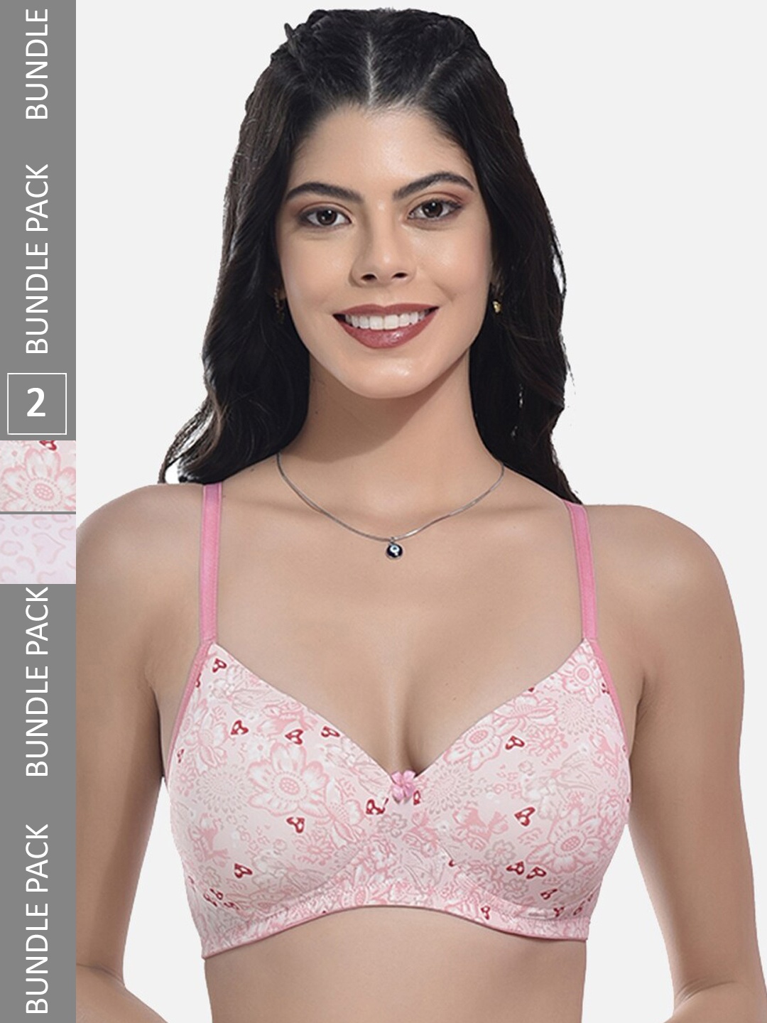 

StyFun Pack Of 2 Floral Printed Full Coverage All Day Comfort Cotton T-Shirt Bra, Pink