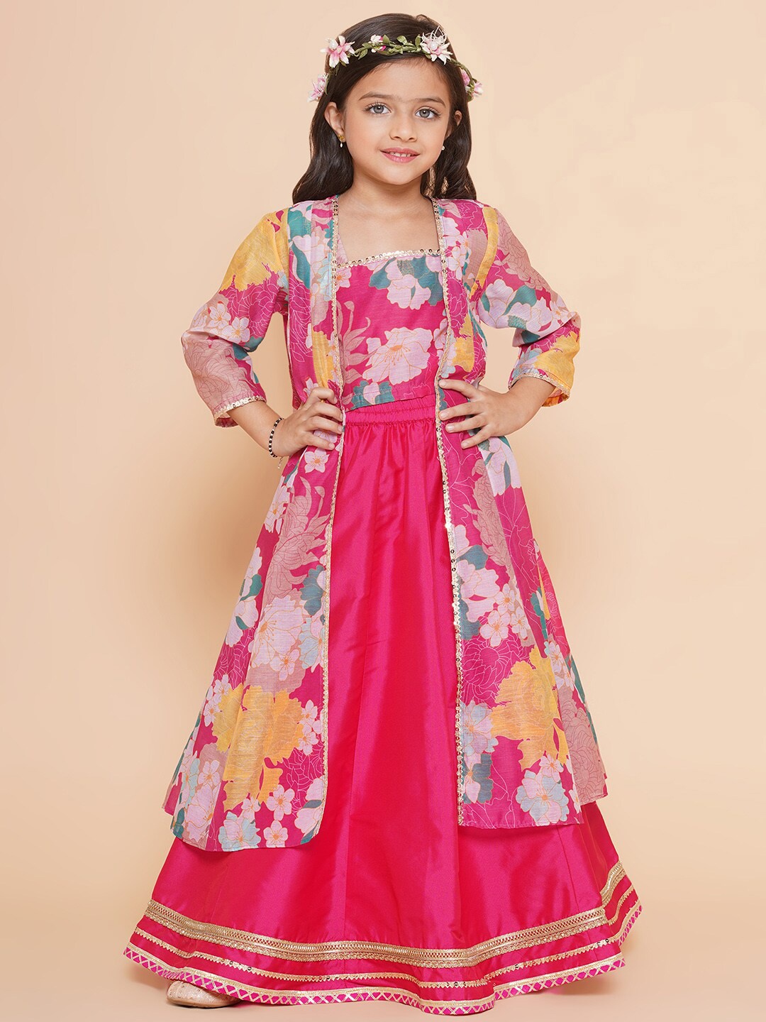 

Bitiya by Bhama Girls Floral Printed Ready to Wear Lehenga & Blouse With Shrug, Pink