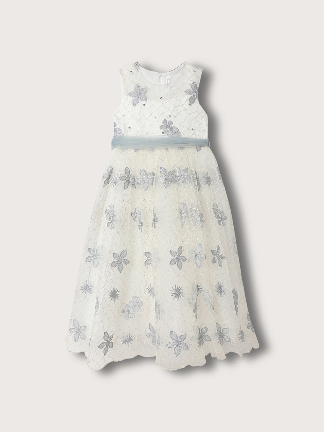 

Blue Giraffe Girls Floral Embroidered Embellished & Belted Gown, Off white