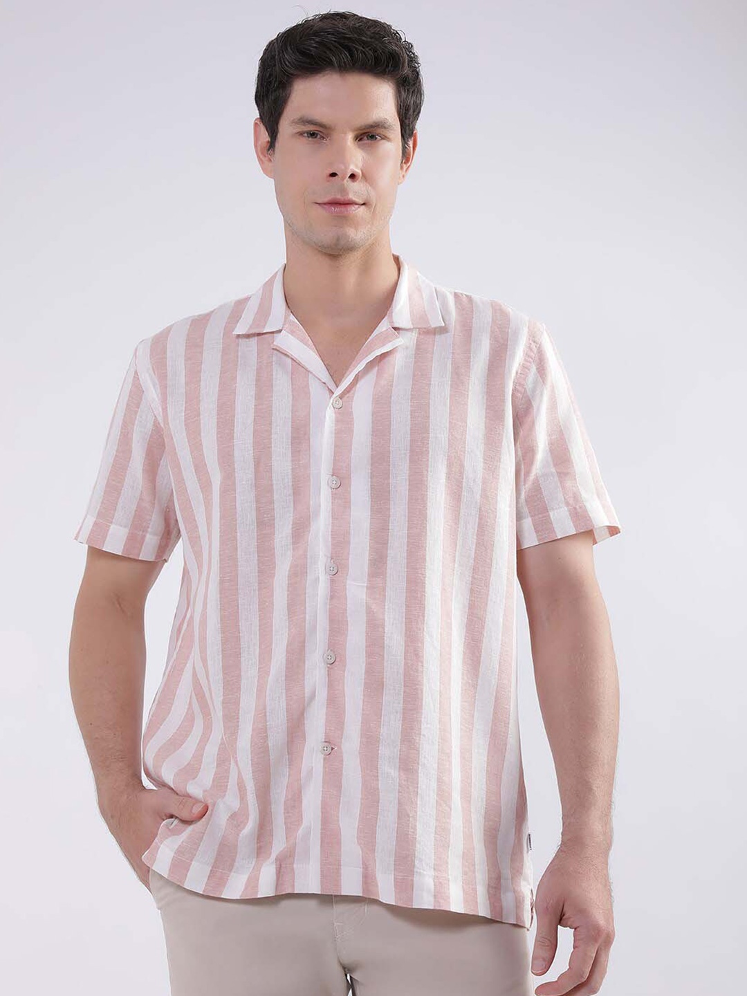 

LINDBERGH Slim Fit Vertical Striped Cuban Collar Casual Shirt, Pink