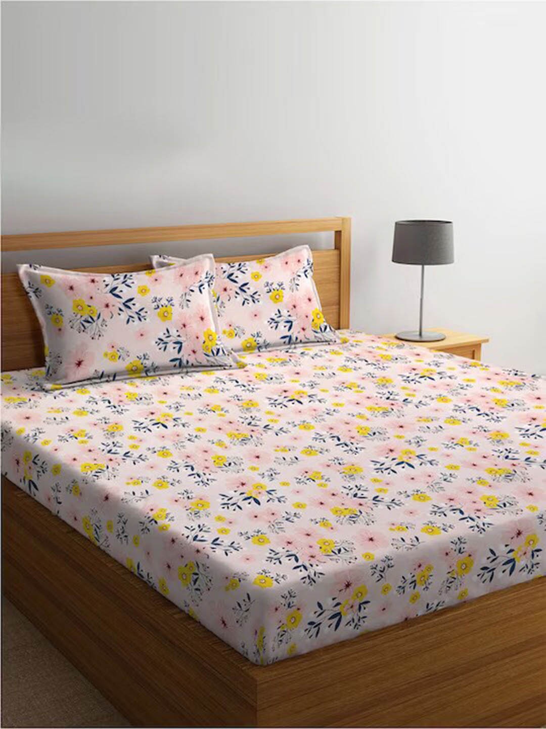 

DECOMIZER Peach-Coloured & Blue Floral 300 TC King Bedsheet With 2 Pillow Covers