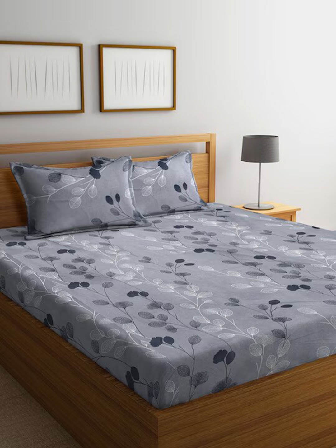 

DECOMIZER Grey & Black Floral 300 TC King Bedsheet With 2 Pillow Covers