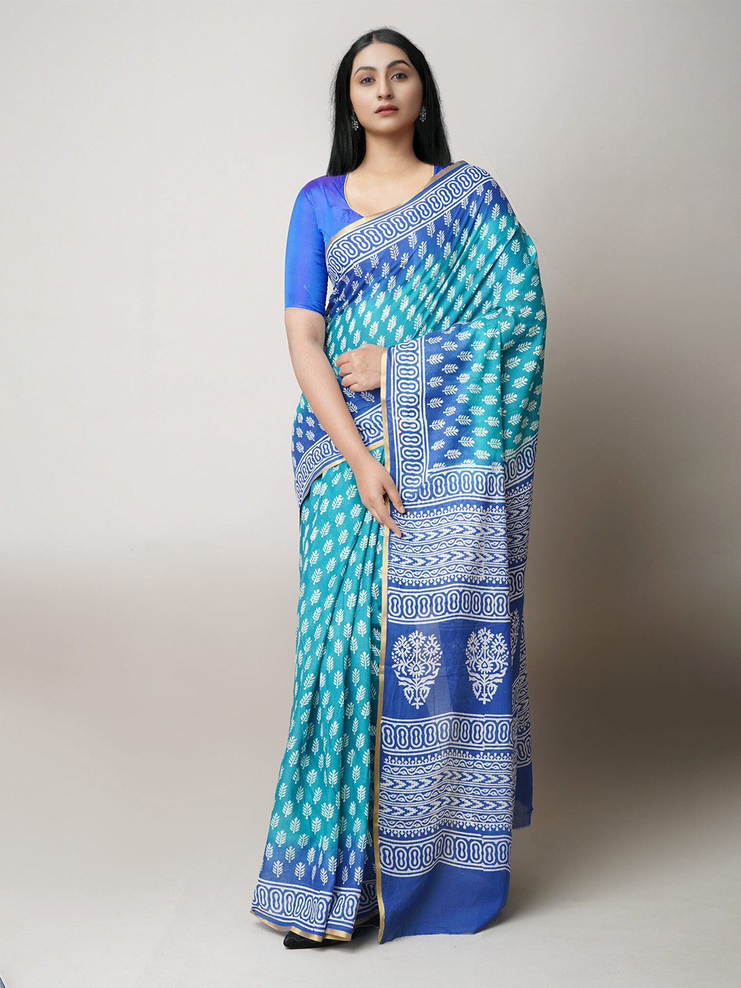 

Unnati Silks Ethnic Motifs Printed Pure Cotton Block Print Saree, Green