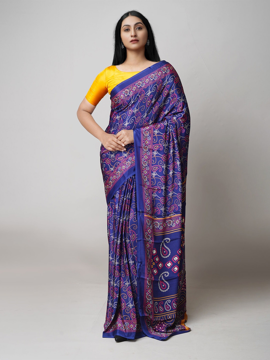 

Unnati Silks Printed Bandhani Saree, Navy blue