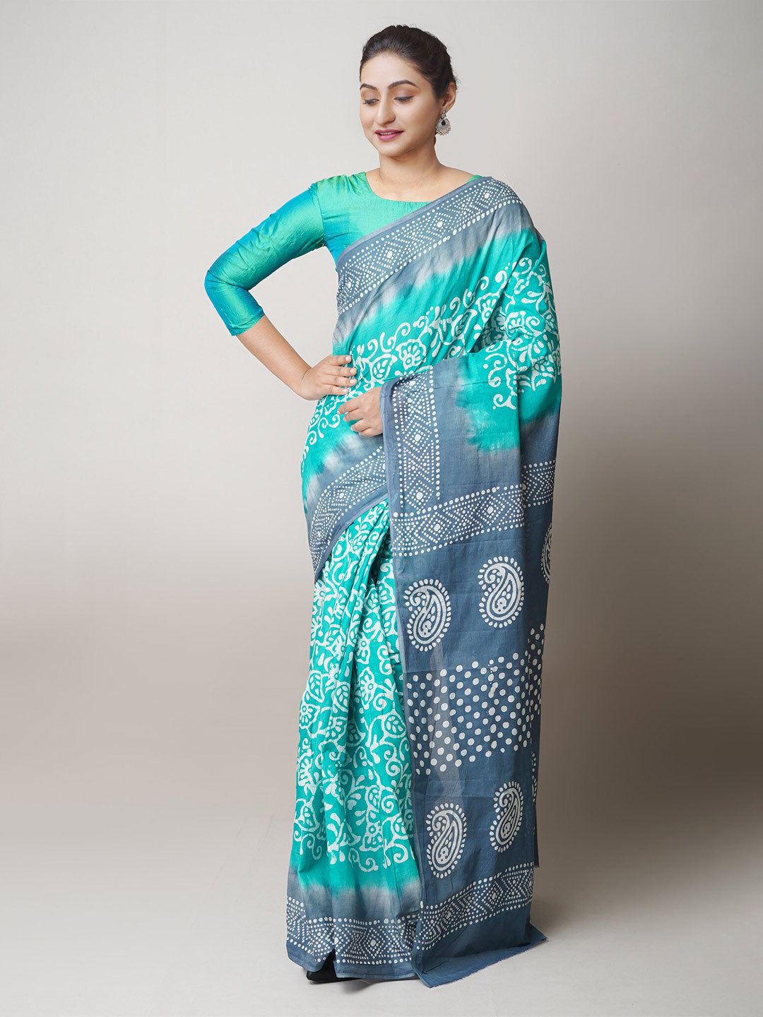 

Unnati Silks Batik Printed Pure Cotton Block Print Saree, Turquoise blue