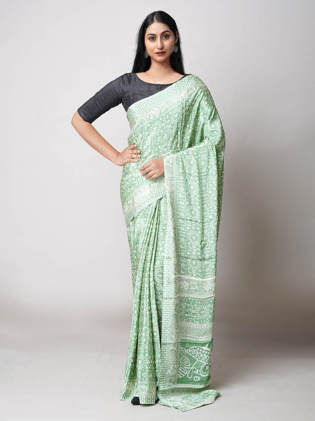 

Unnati Silks Ethnic Motifs Printed Block Print Saree, Green