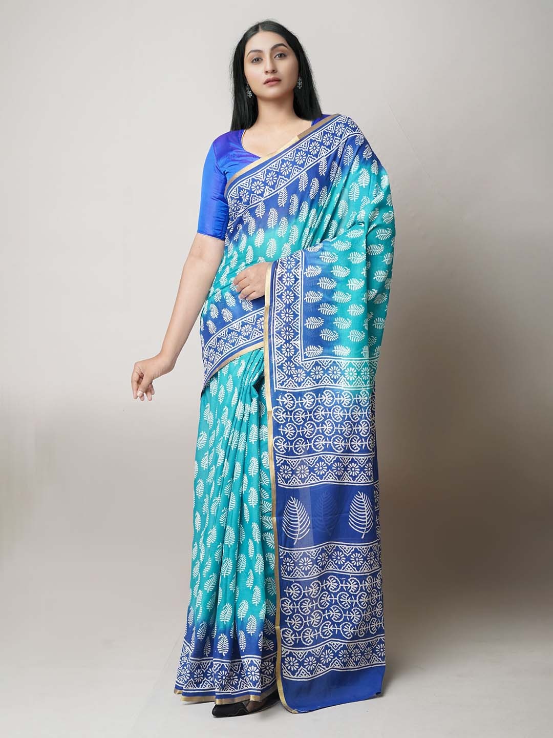 

Unnati Silks Ethnic Motifs Printed Pure Cotton Block Print Saree, Green