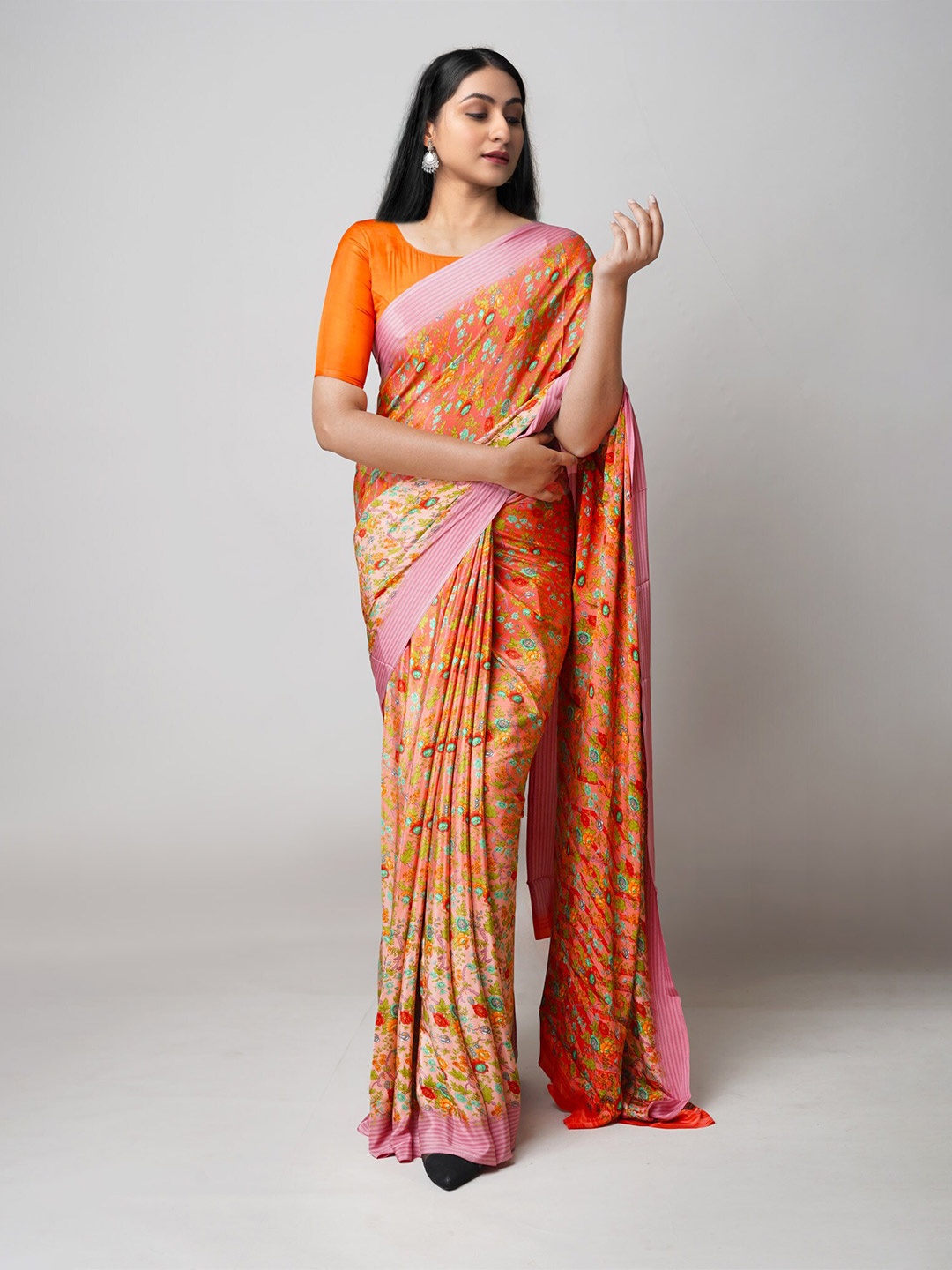 

Unnati Silks Ethnic Motifs Printed Pure Crepe Block Print Saree, Orange