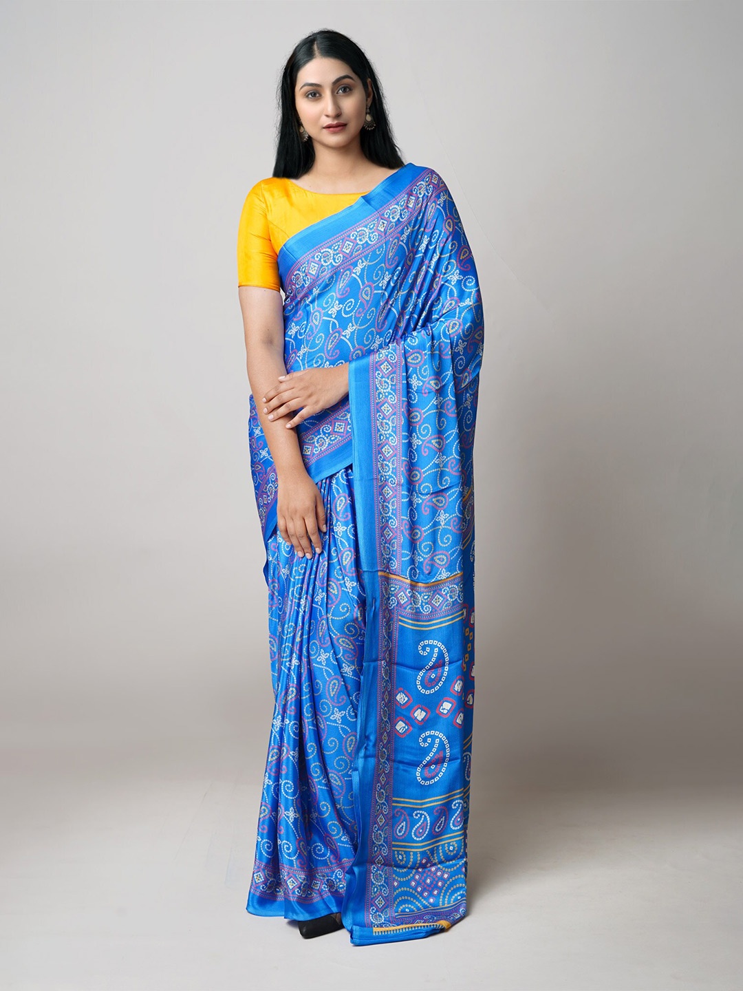 

Unnati Silks Bandhani Printed Silk Blend Saree, Blue