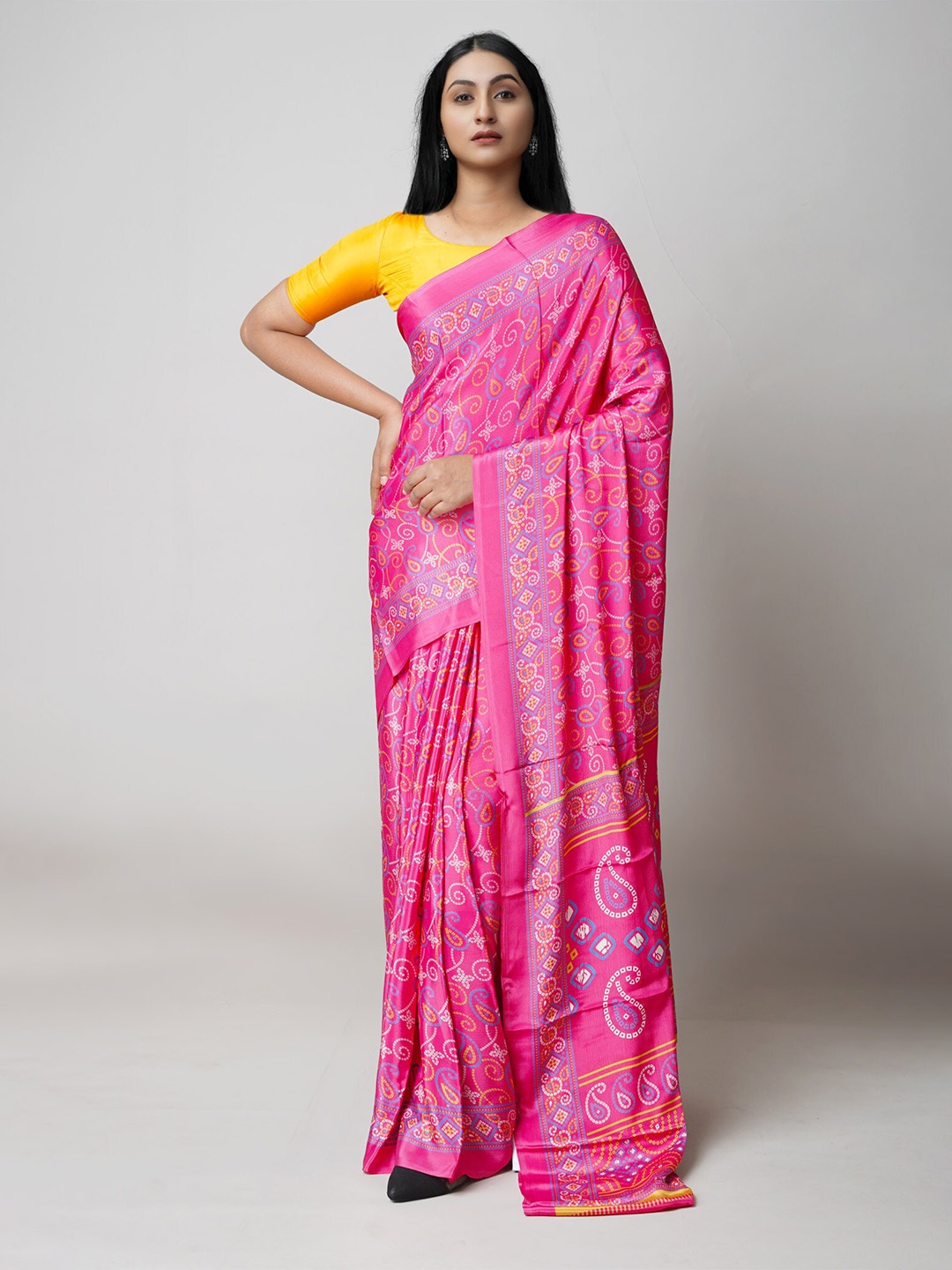 

Unnati Silks Bandhani Printed Silk Blend Saree, Pink