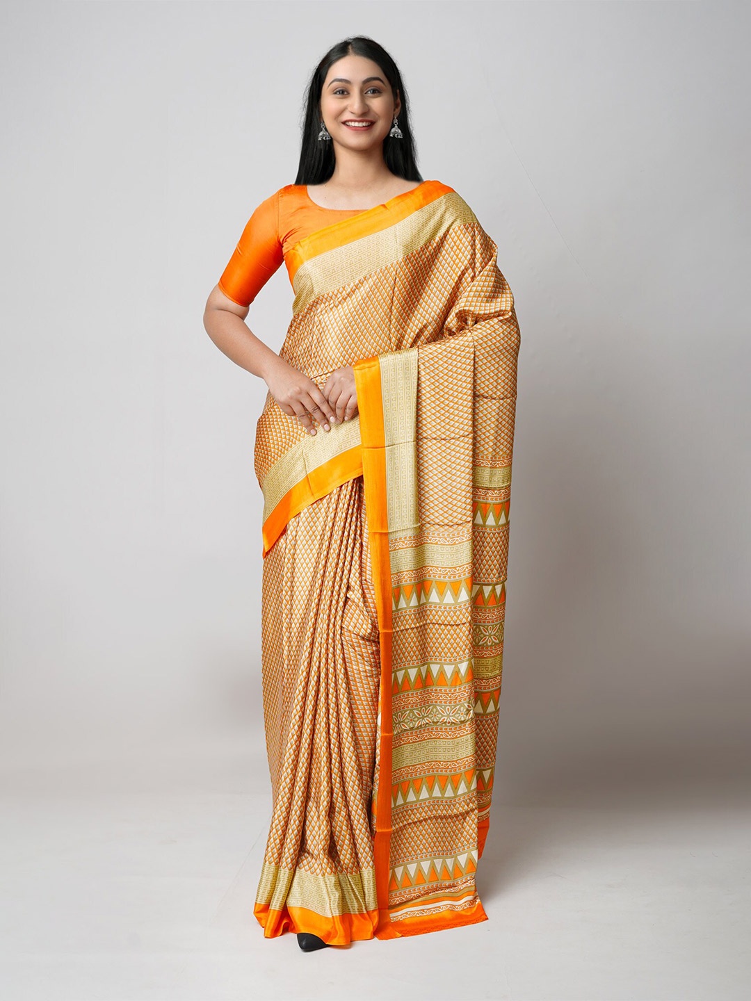 

Unnati Silks Ethnic Motifs Printed Silk Blend Block Print Saree, Orange