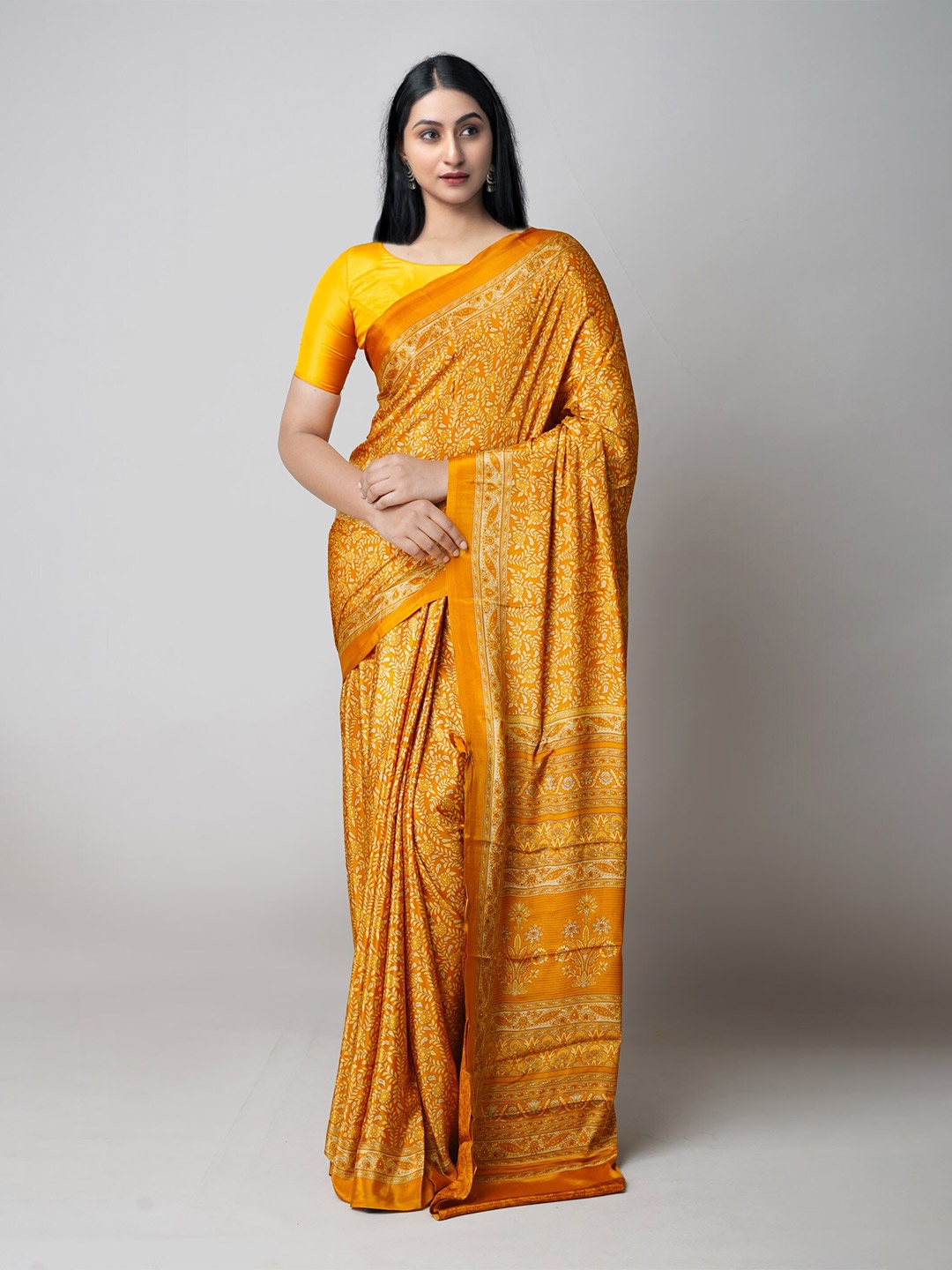 

Unnati Silks Ethnic Motifs Printed Silk Blend Block Print Saree, Yellow
