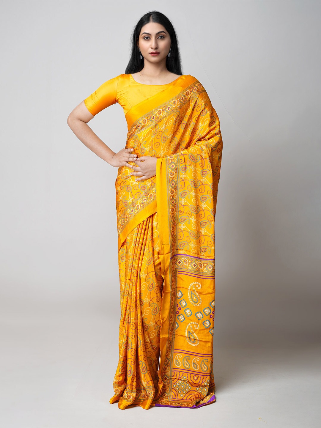 

Unnati Silks Bandhani Printed Silk Blend Saree, Yellow