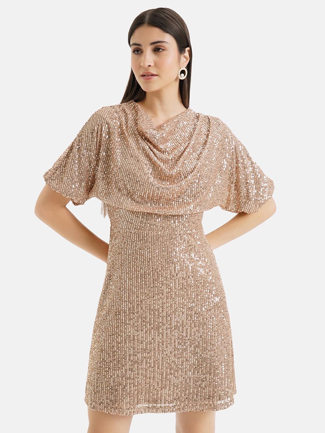 

Kazo Embellished Cowl Neck Extended Sleeves Sequinned Chiffon A-line Dress, Beige