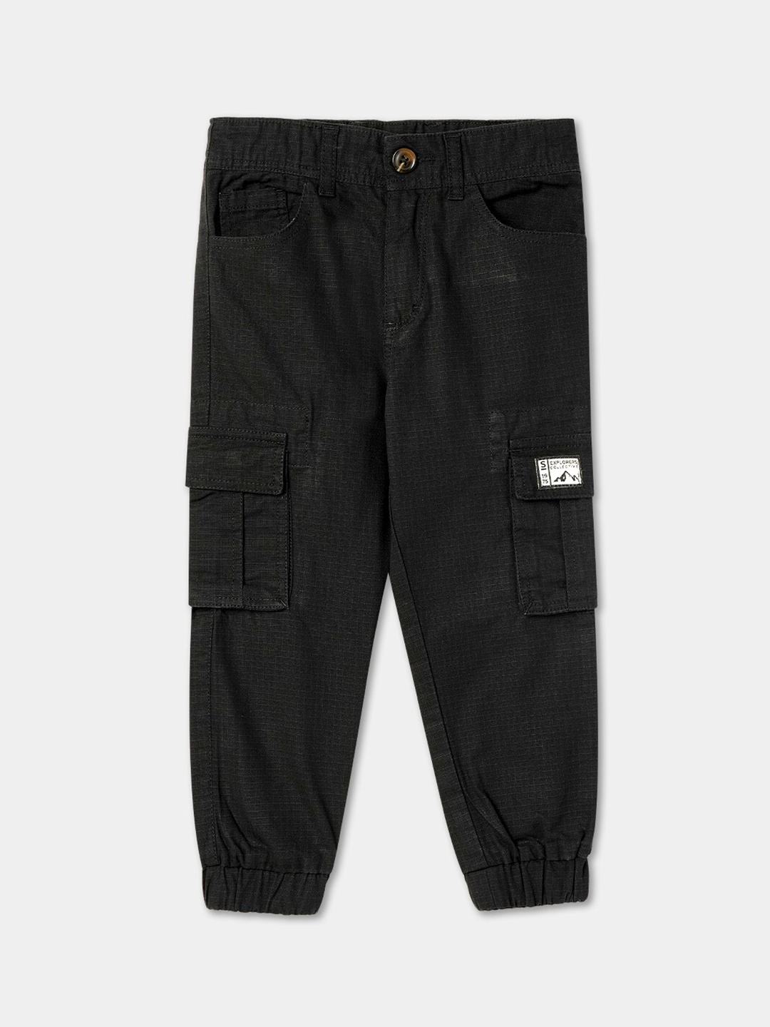 

R&B Boys Checked Cotton Cargos Joggers, Black