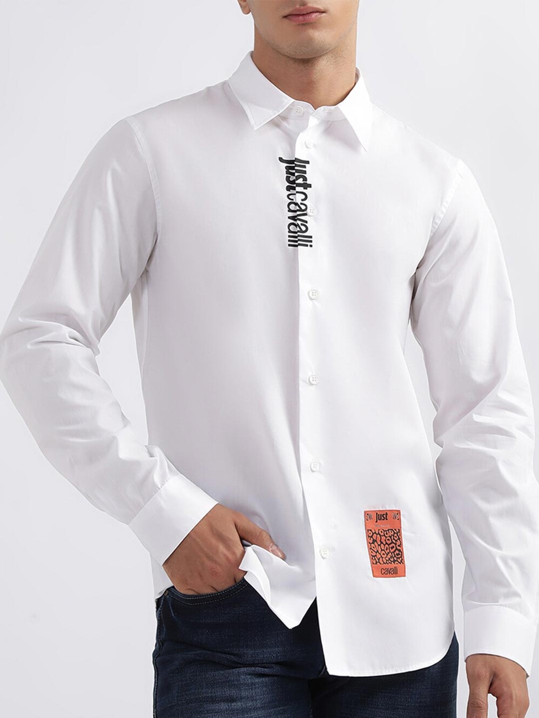 

Just Cavalli Slim Fit Typography Printed Cotton Casual Shirt, White