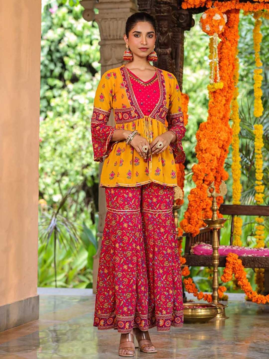 

Juniper Ethnic Motifs Printed Empire Kurti With Sharara, Mustard