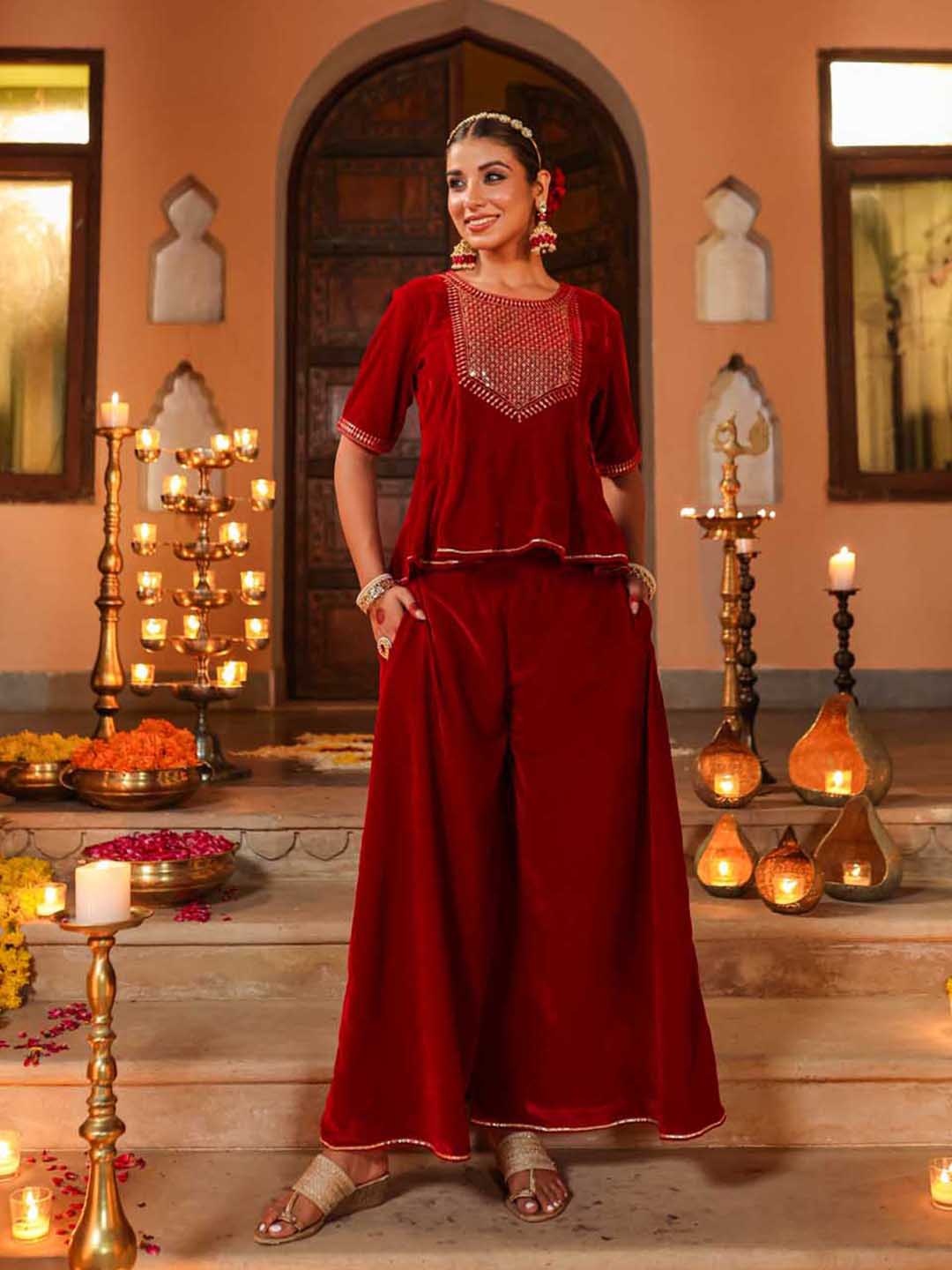 

Juniper Embroidered & Embellished Velvet Top With Palazzos, Maroon