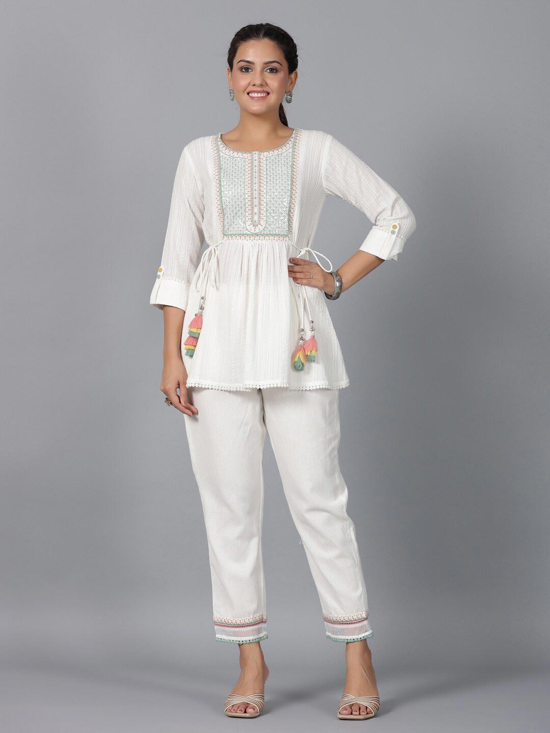 

Juniper Embroidered Round Neck Three-Quarter Sleeve Co-Ords Set, White
