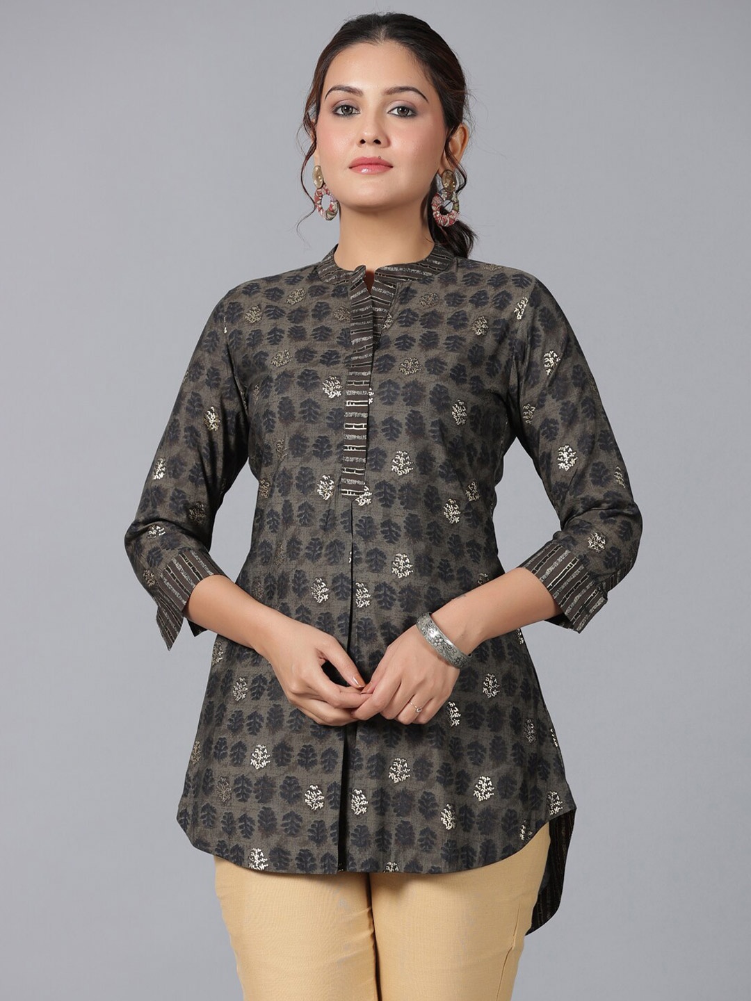 

Juniper Ethnic Motifs Printed Mandarin Collar Tunic, Black