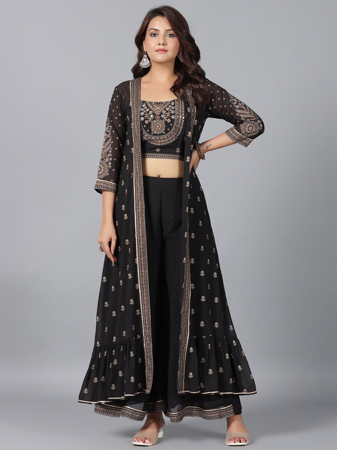 

Juniper Ethnic Motifs Printed Sequinned Top With Palazzo & Shrug, Black