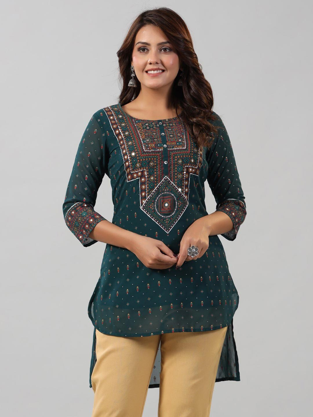 

Juniper Ethnic Motifs Printed Embellished High Low Tunics, Green