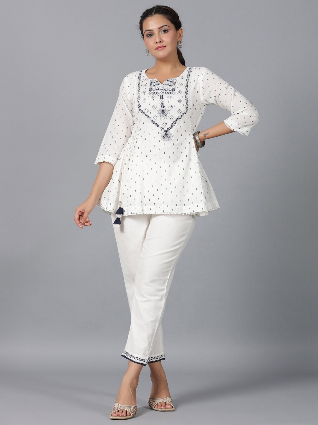 

Juniper Embroidered A-Line Tunic With Trouser, Off white