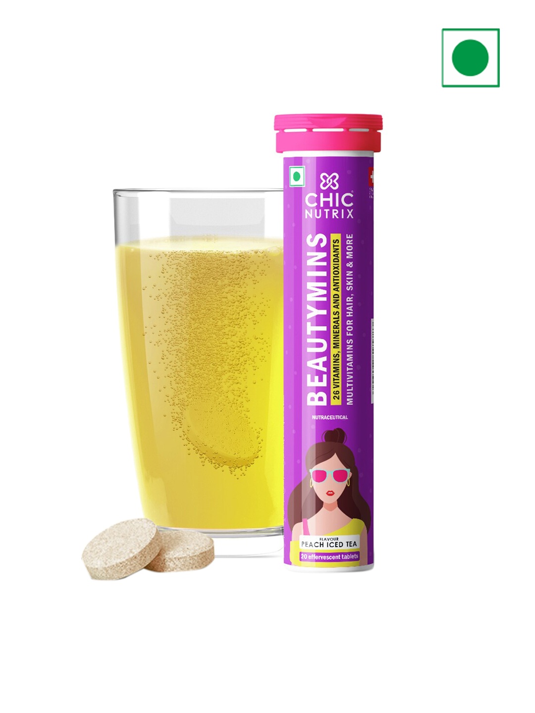 

CHICNUTRIX Beautymins - Multivitamin for Hair & Skin - Peach Iced Tea - 20 Fizzy Tablets, Purple