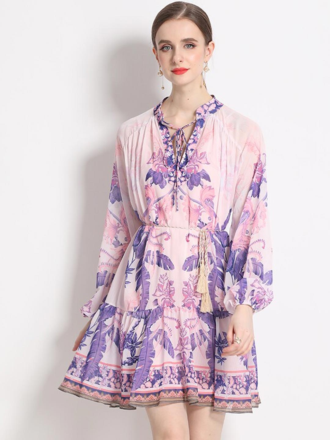 

JC Collection Floral Printed Tie-Up Neck A-Line Dress, Purple