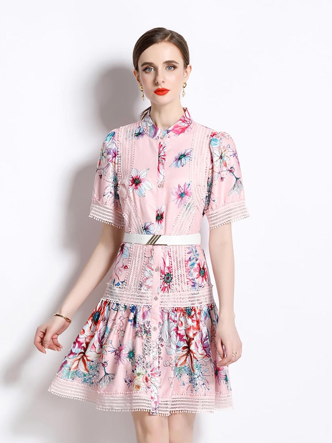 

JC Collection Floral Printed Mandarin Collar Lace Insert & Belted Shirt Dress, Pink