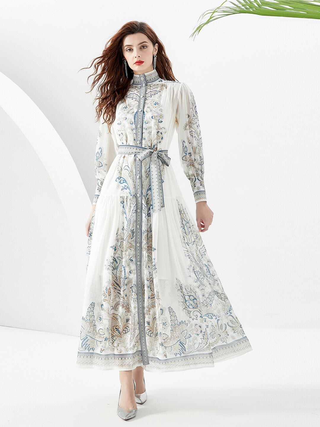 

JC Collection Ethnic Motifs Printed High Neck Cuffed Sleeve Tie Up A-Line Dress, White