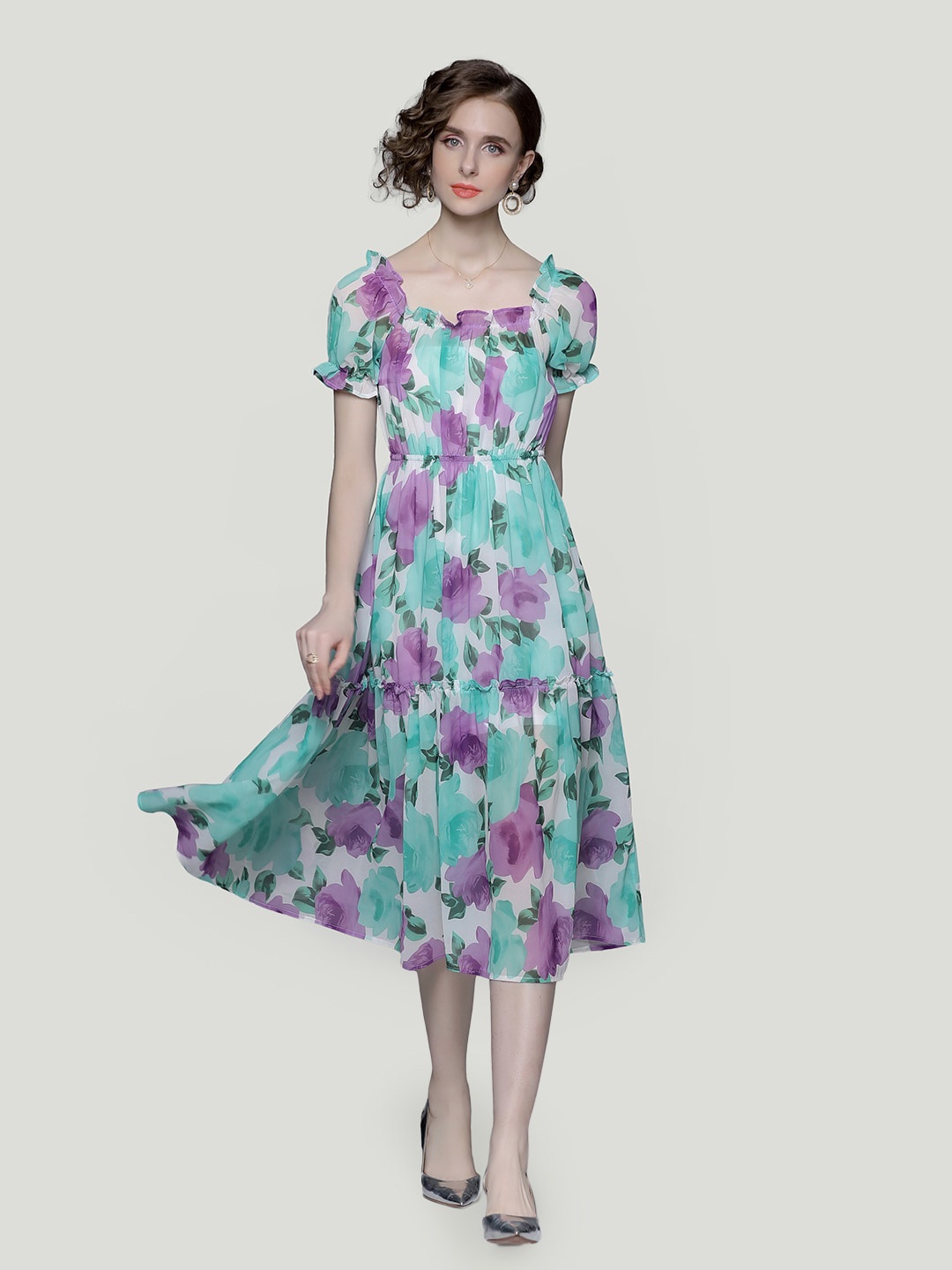 

JC Collection Floral Printed Puff Sleeves Tiered Fit & Flare Midi Dress, Turquoise blue