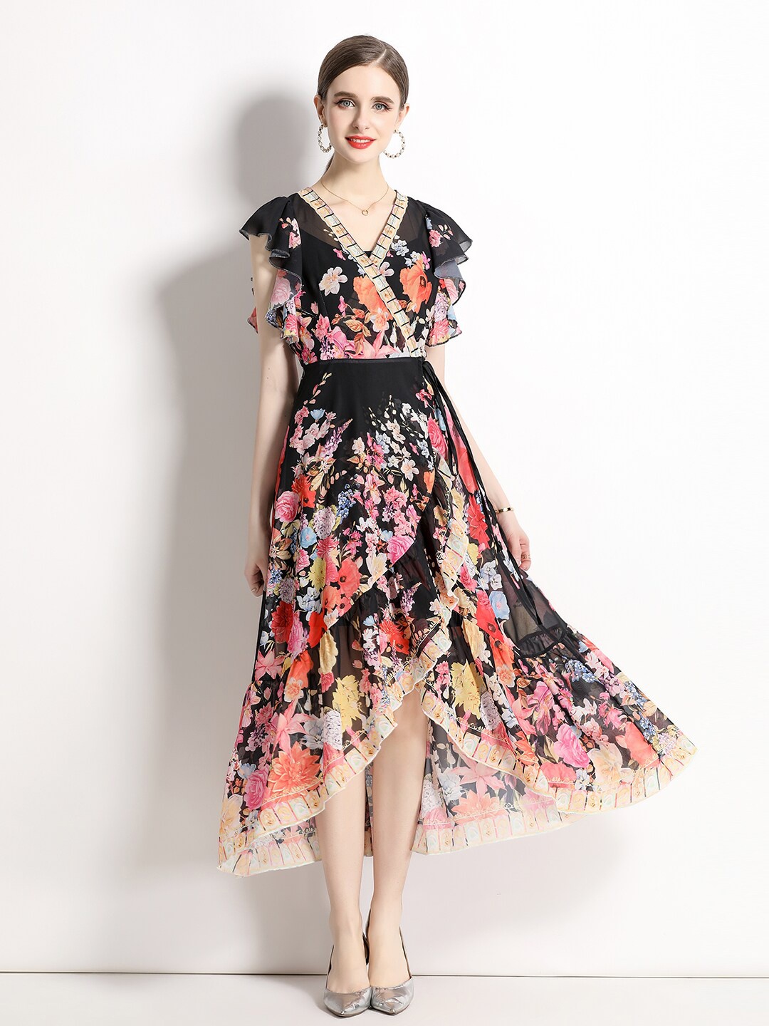 

JC Collection Floral Printed V-Neck Ruffled Wrap Midi Dress, Black