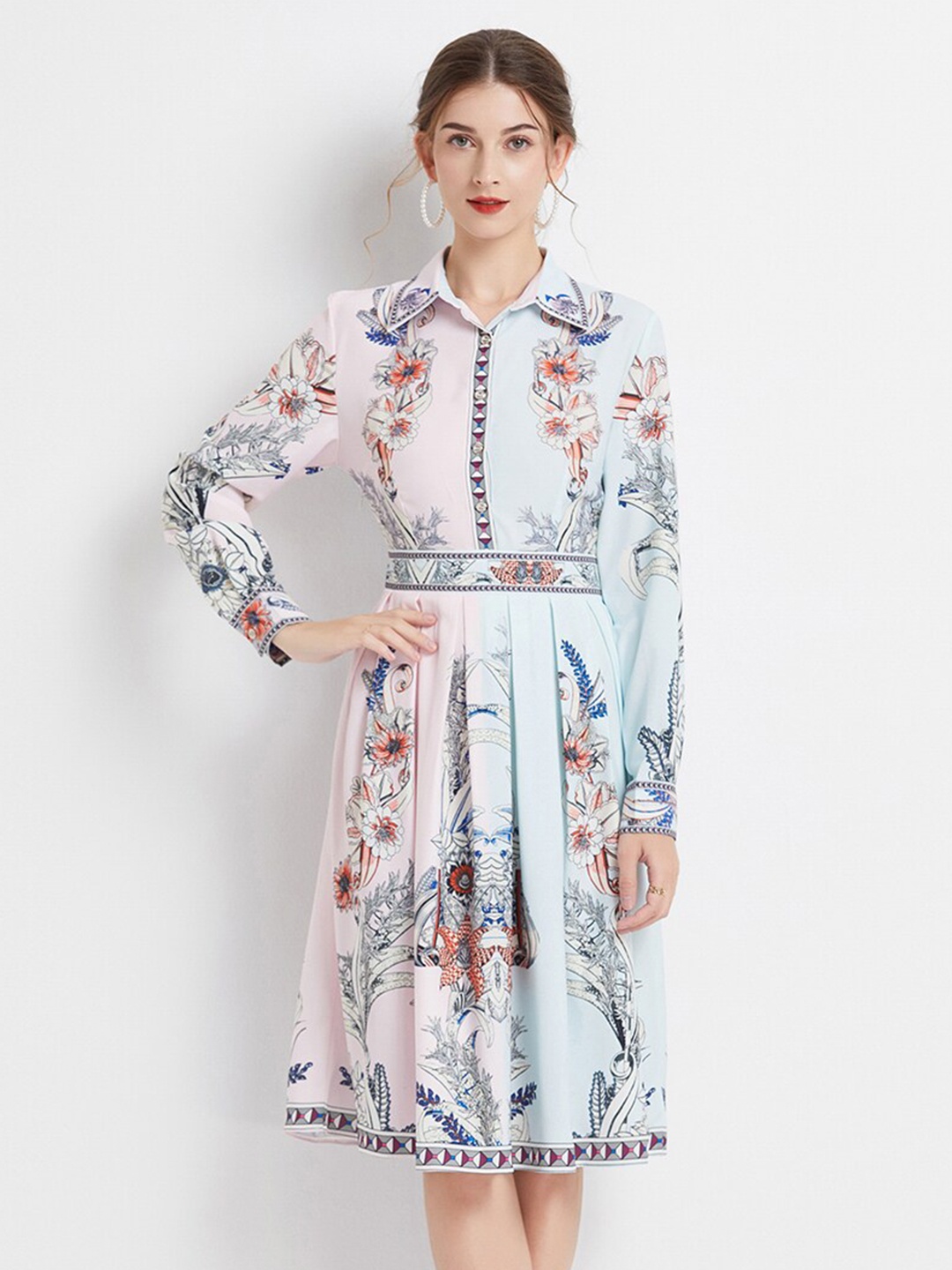 

JC Collection Floral Printed Shirt Collar Pleated Fit & Flare Dress, Blue